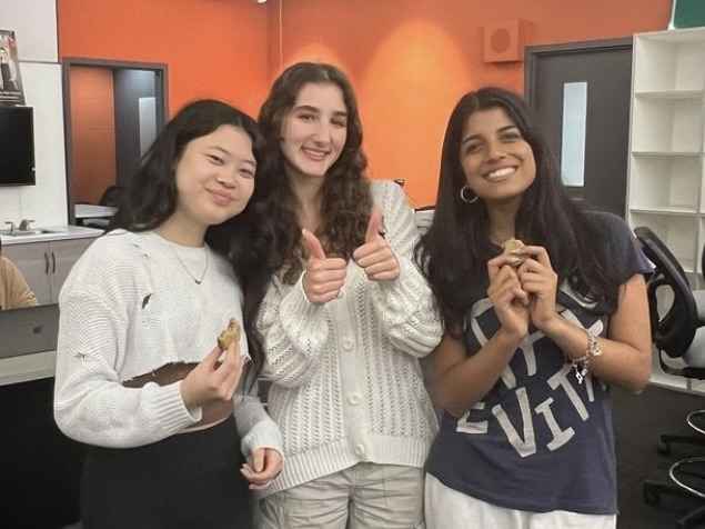 Seniors Cindy Yang, Sophia Kostov and Sahana Ramesh pose for a photo at Gir1C0de. The club supports girls who are interested in computer science. Photo by Hafsah Khan, 25