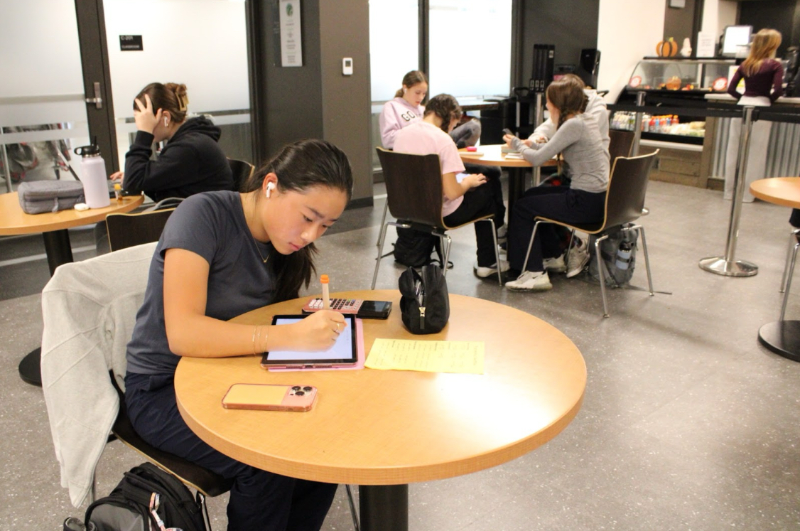 Sophomore Olivia Yoon is studying for exams in the coffee bar.