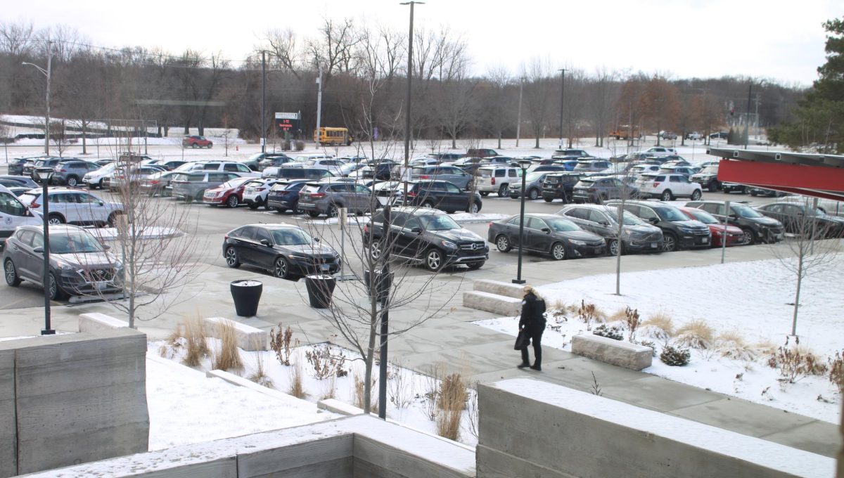 Cars sit in the BHS front parking lot. This morning, there were multiple crashes near the school due to poor conditions, affecting students’ ability to arrive at school on time. Photo by Alex Brudvik, ‘27.