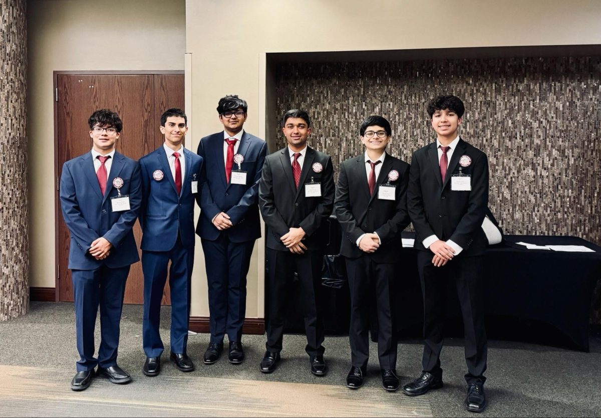 Sophomore Naman Singh and juniors Haaris Ansari, Pranav Adhikari, Rishin Patel, Armaan Rizzvi and Aarush Joshi (left to right) pose at the HOSA State Leadership Conference in March 2025, where they competed for the Community Awareness event. Photo courtesy of Rishin Patel, '27.