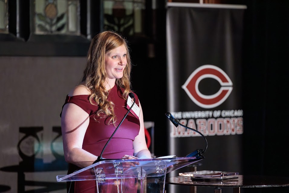 Teacher and former UChicago softball player Kathleen Duffy was inducted into the UChicago Athletic Hall of Fame dinner and induction ceremony at the University Club of Chicago, on October 10, 2025. Photo by John Zich.