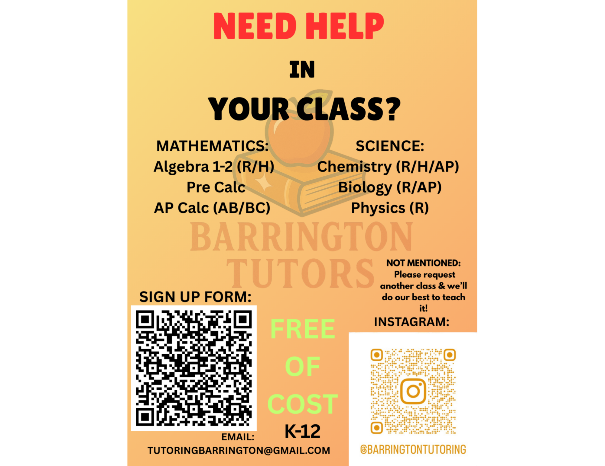 Poster for the Barrington Tutoring program on Instagram. Photo courtesy of Haroon Katamesh, '28.